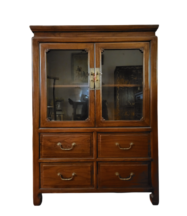 Chinese Bookcase Glass Door Cabinet Brown W82xD48xH115cm