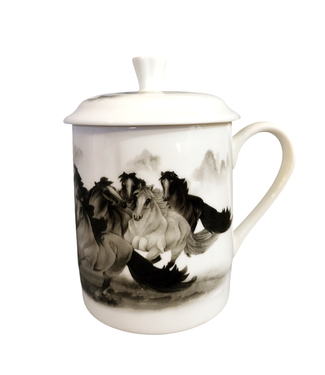 Fine Asianliving Chinese Theebeker met Deksel Porselein Paarden