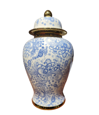 Fine Asianliving Chinese Gemberpot Blauw Wit Goud Floral Handgemaakt Porselein D15xH27cm