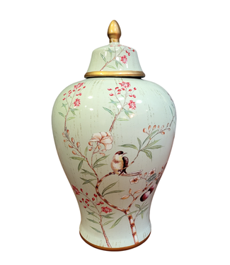 Fine Asianliving Chinese Gemberpot Porselein Mint Vogels Handgemaakt D26xH46cm