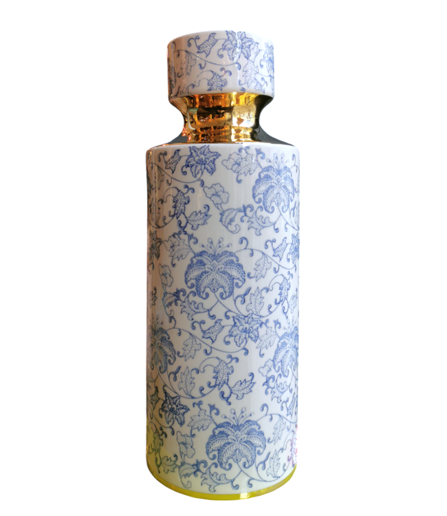 Vase Chinois Bleu Blanc Or Fait Main D15xH33cm
