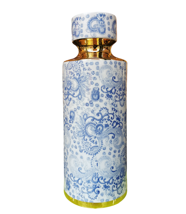 Vase Chinois Bleu Blanc Or Fait Main D15xH33cm