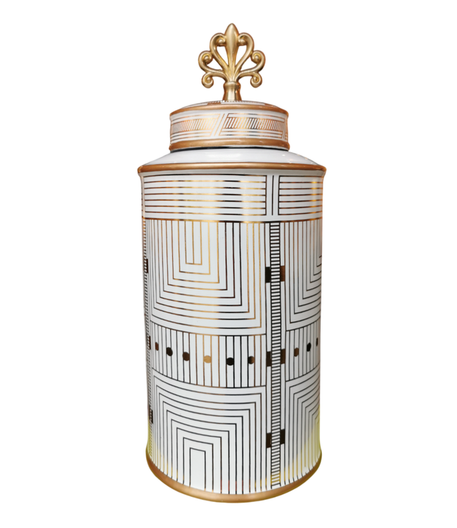 Pot à Gingembre Chinois Porcelaine Blanc Or Géométrique Fait Main D16xH37cm