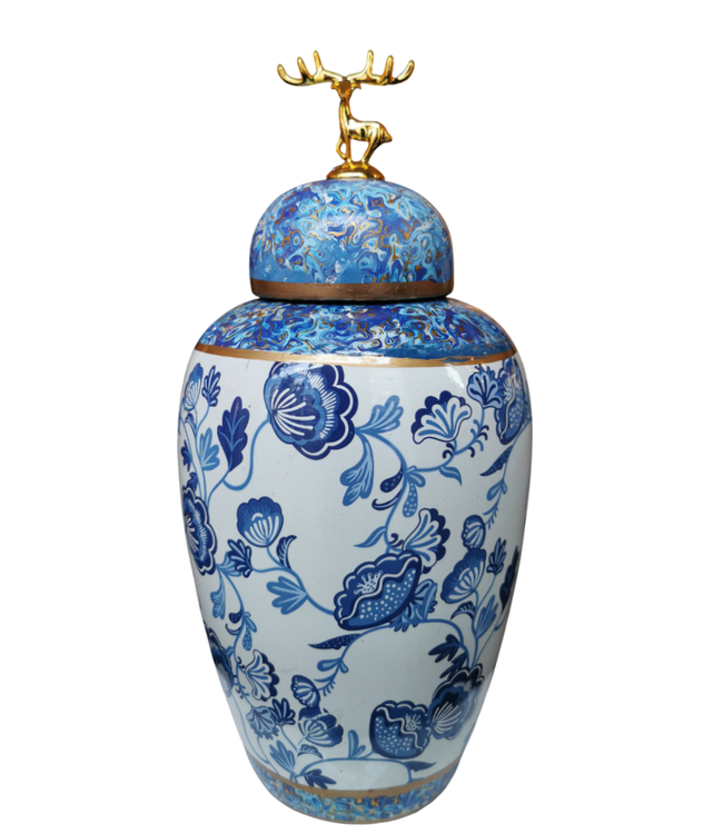 Tarro de Jengibre Chino Porcelana Azul Blanco con Acento Dorado Flores Hecho a Mano D17xAl33cm