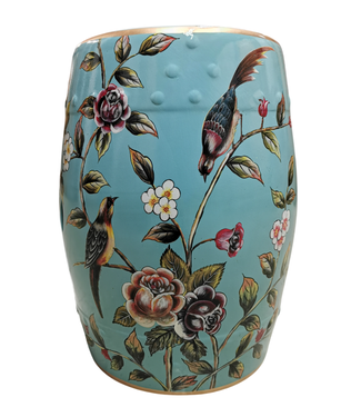 Fine Asianliving Keramik Hocker Blau Pfingstrosen Handgefertigt - Xyla D30xH45cm