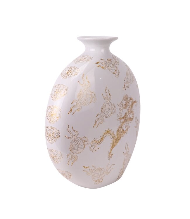 Jarrón Chino Porcelana Blanco Dragón Pintado a Mano An32xP12xAl34cm