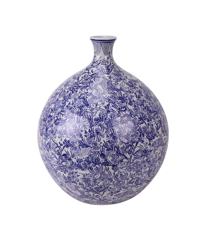 Vase Chinois Porcelaine Bleu Blanc Poissons Koi Peint à la Main D36xH44cm