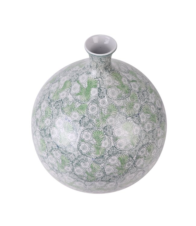 Vase Chinois Porcelaine Vert Fleurs Peint à la Main D36xH44cm