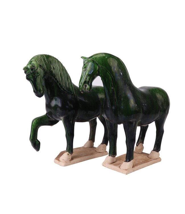 Chinesisches Pferd Tang-Dynastie Terrakotta-Keramik Grün Handgefertigt Set/2 B41xT15xH41cm
