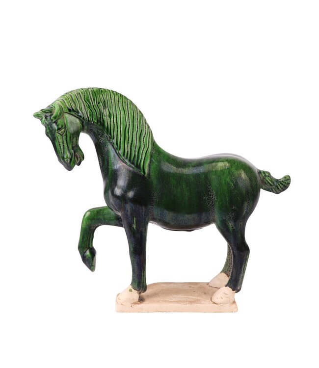 Cheval Chinois Dynastie Tang Céramique en Terre Cuite Verte Fait Main Ensemble/2 L41xP15xH41cm