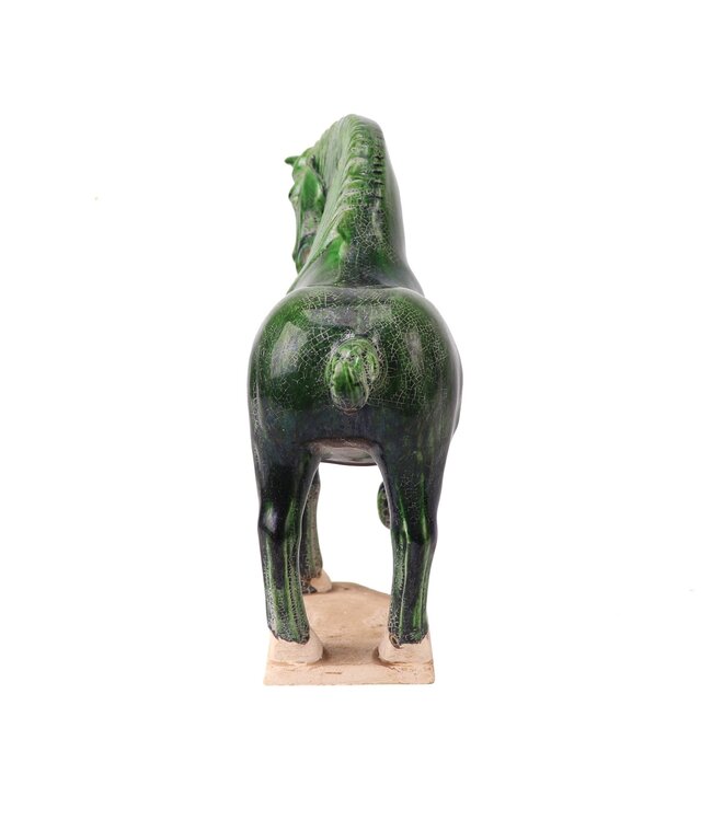 Cheval Chinois Dynastie Tang Céramique en Terre Cuite Verte Fait Main Ensemble/2 L41xP15xH41cm