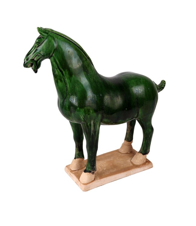 Cheval Chinois Dynastie Tang Céramique en Terre Cuite Verte Fait Main Ensemble/2 L41xP15xH41cm