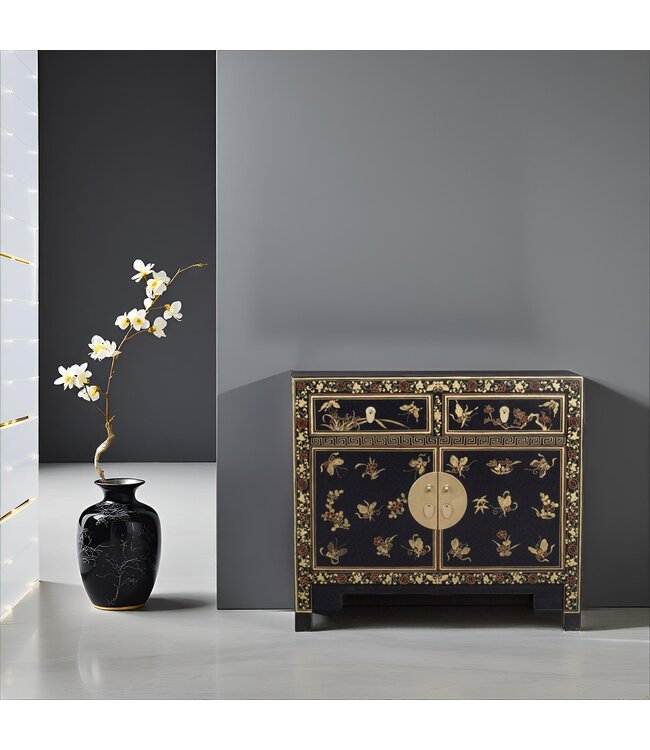 Armoire Chinoise Noir Papillons Peint à la Main  - Orientique Collection L90xP40xH80cm