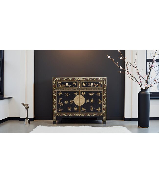 Chinesischer Schrank Schwarz Schmetterlinge Handbemalt - Orientique Kollektion B90xT40xH80cm