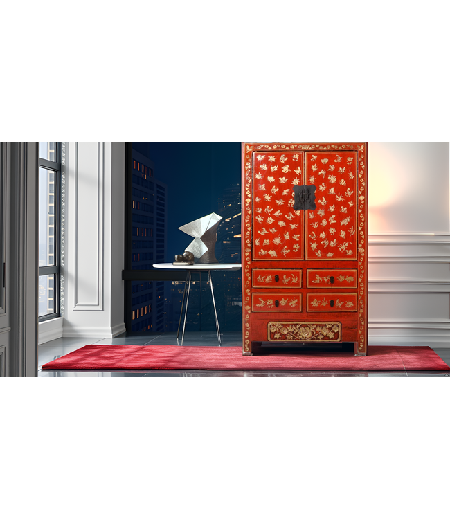 Armoire de Mariage Chinoise Ancienne Bleu Or Laquée Peinte à la Main L105xP50xH188cm