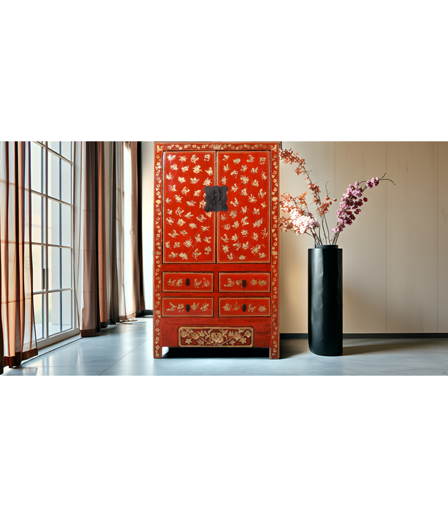 Antique Chinese Wedding Cabinet Red Gold Handpainted approx  W105xD50xH188cm