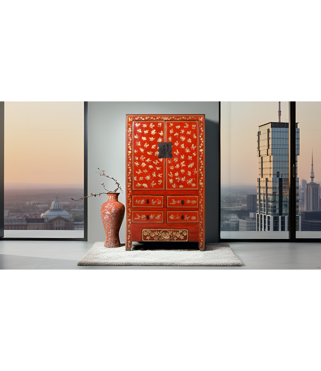 Armoire de Mariage Chinoise Ancienne Bleu Or Laquée Peinte à la Main L105xP50xH188cm