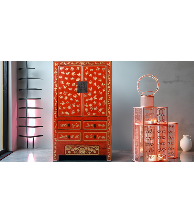 Armoire de Mariage Chinoise Ancienne Bleu Or Laquée Peinte à la Main L105xP50xH188cm