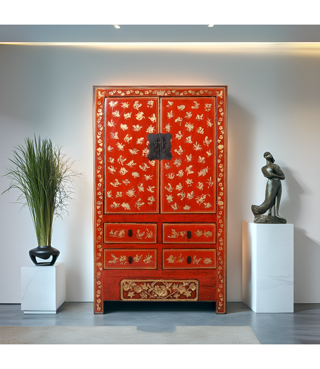 Armoire de Mariage Chinoise Ancienne Bleu Or Laquée Peinte à la Main L105xP50xH188cm