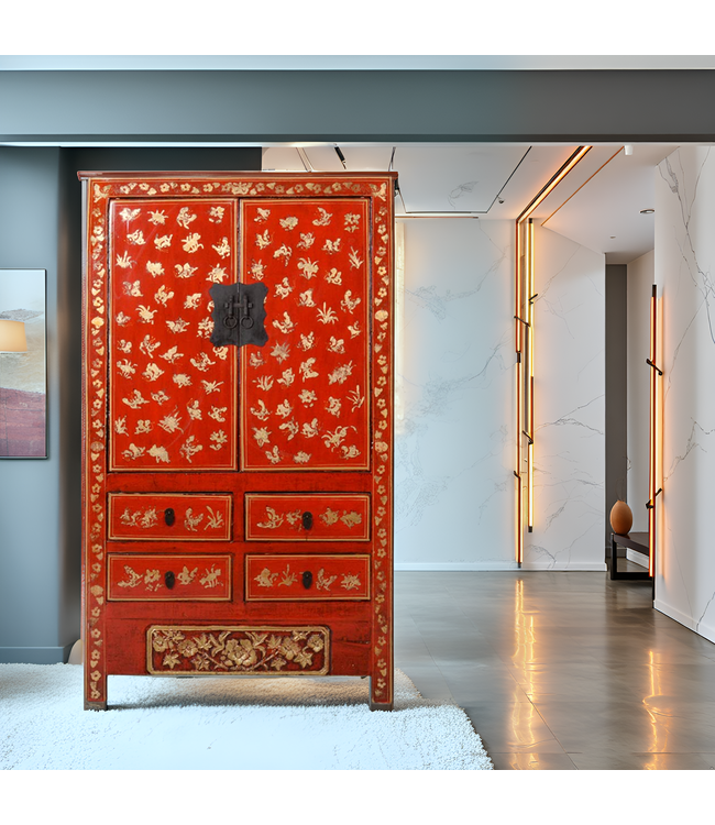 Antico Armadio Da Matrimonio Cinese in Oro Rosso Dipinto a Mano Circa L105xP50xH188cm