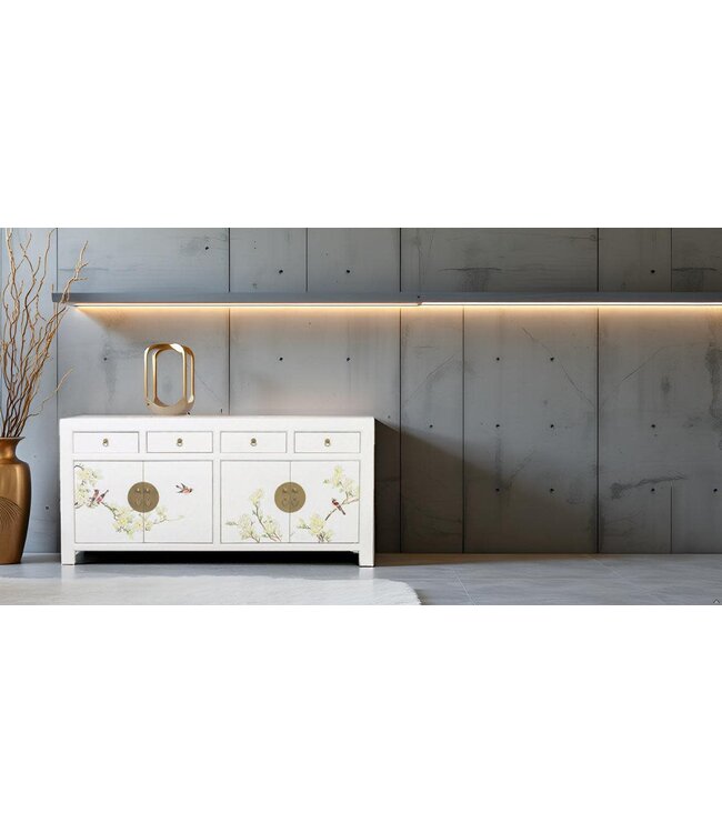 Buffet Chinois Blanc Neige Peinte à la Main L180xP40xH85cm