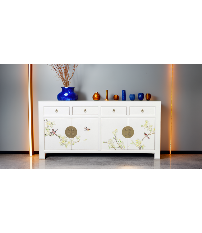 Buffet Chinois Blanc Neige Peinte à la Main L180xP40xH85cm