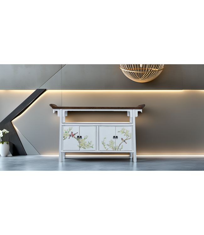 Chinesisches Sideboard Weiß Tibetisch Inspiriert Handgemalt B143xT37xH87cm