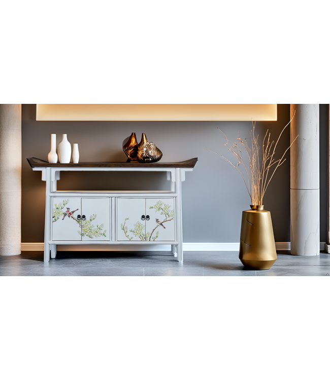 Buffet Chinois Blanc d'Inspiration Tibétaine Peinte à la Main L143xP37xH87cm