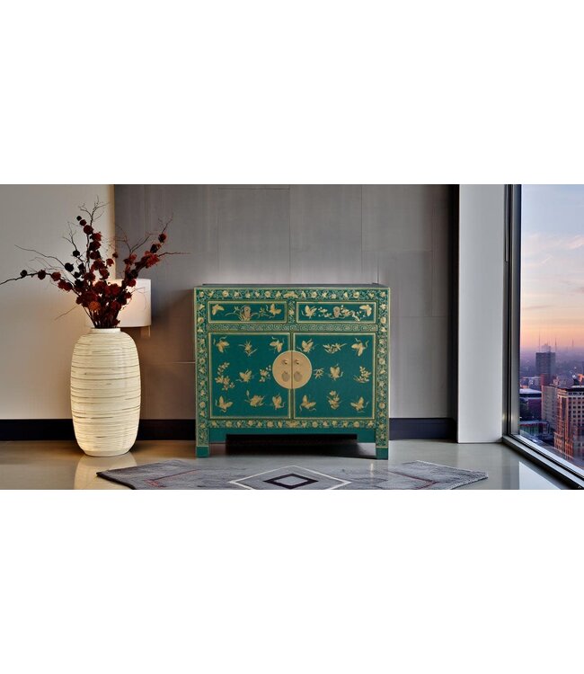 Chinese Cabinet Teal Butterflies Hand-Painted - Orientique Collection W90xD40xH80cm