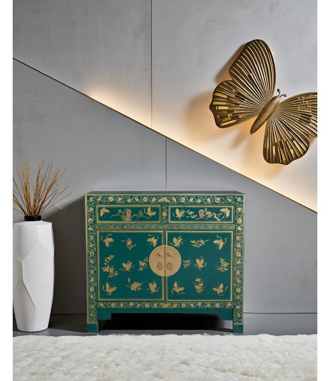Chinese Kast Teal Vlinders Handbeschilderd - Orientique Collectie B90xD40xH80cm