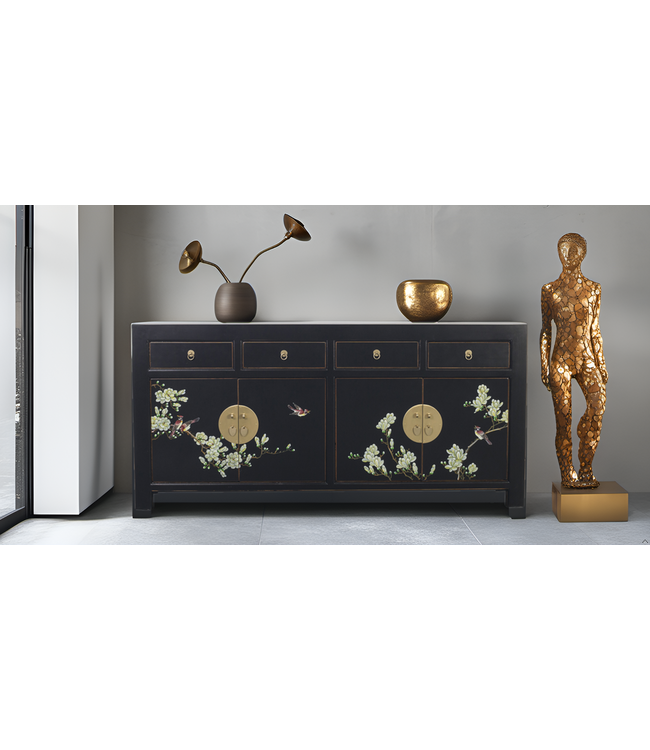 Chinesisches Sideboard Onyx Schwarz Handgemalt - Orientique Sammlung B180xT40xH85cm