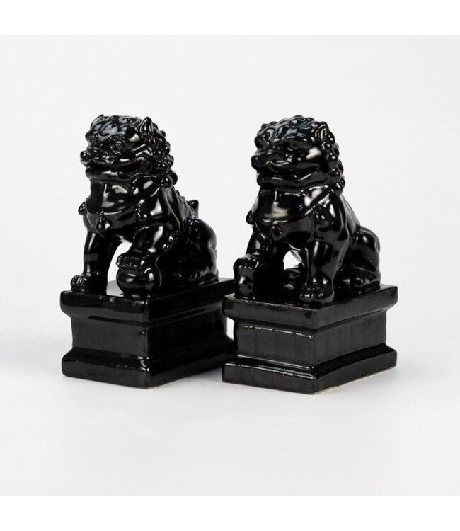 Chinese Foo Dogs Tempel Bewakers Leeuwen Porselein Zwart Set/2 Handgemaakt B6xD8xH15cm