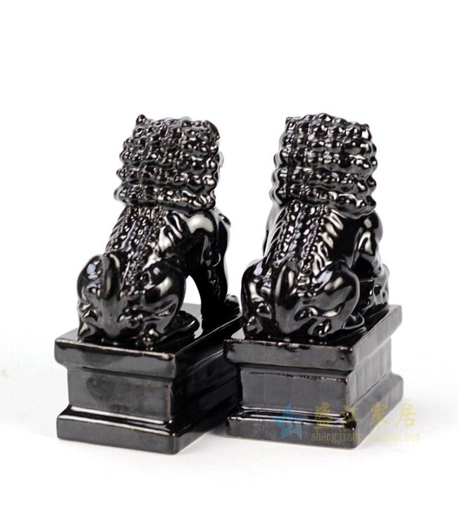 Ensemble Chiens Foo Chinois Gardiens de Temple Lions Noir/2 Porcelaine Fait Main L6xP8xH15cm