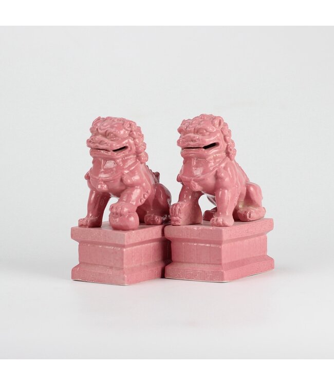 Chinese Foo Dogs Tempel Bewakers Leeuwen Porselein Roze Set/2 Handgemaakt B6xD8xH15cm