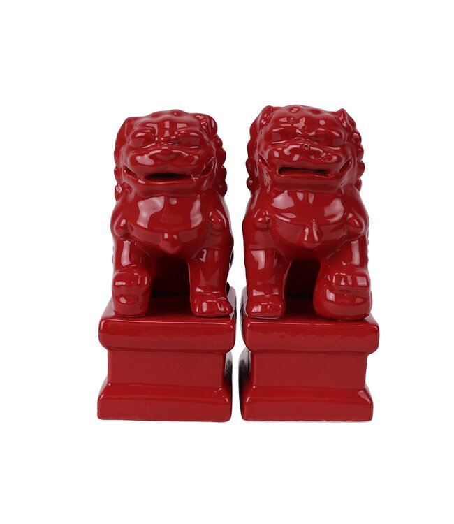 Ensemble Chiens Foo Chinois Gardiens de Temple Lions Rouge/2 Porcelaine Fait Main L6xP8xH15cm