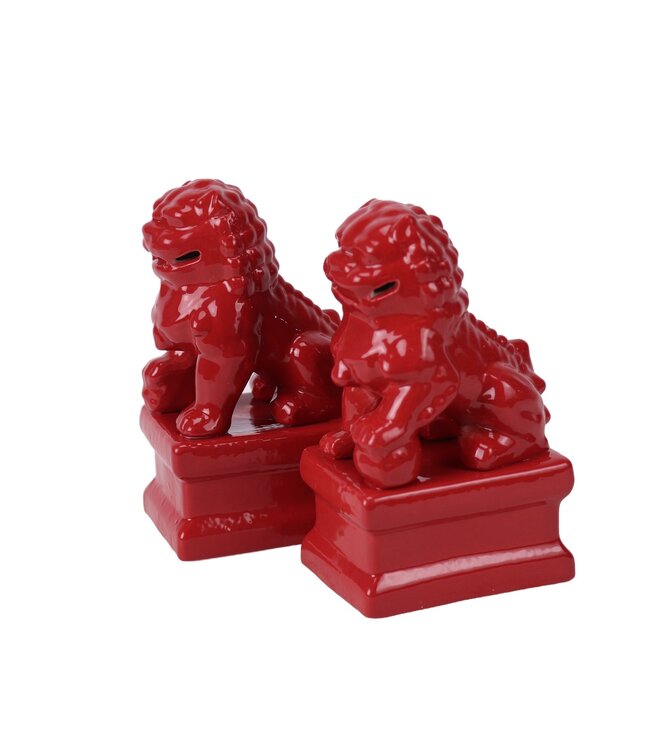 Juego de Perros Chinos Foo  Guardianes de Templo Leones Rojo/2 Porcelana Hecha a Mano An6xP8xAl15cm