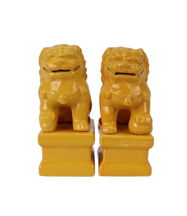 Ensemble Chiens Foo Chinois Gardiens de Temple Lions Jaune/2 Porcelaine Fait Main L6xP8xH15cm