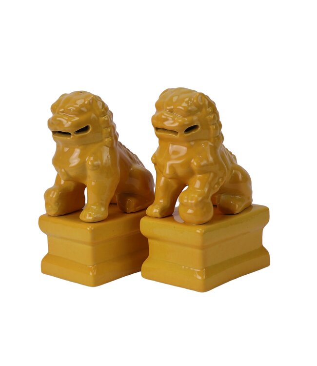 Chinese Foo Dogs Tempel Bewakers Leeuwen Porselein Geel Set/2 Handgemaakt B6xD8xH15cm