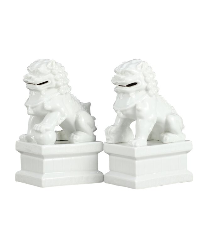 Chinese Foo Dogs Tempel Bewakers Leeuwen Porselein Wit Set/2 Handgemaakt B6xD8xH15cm
