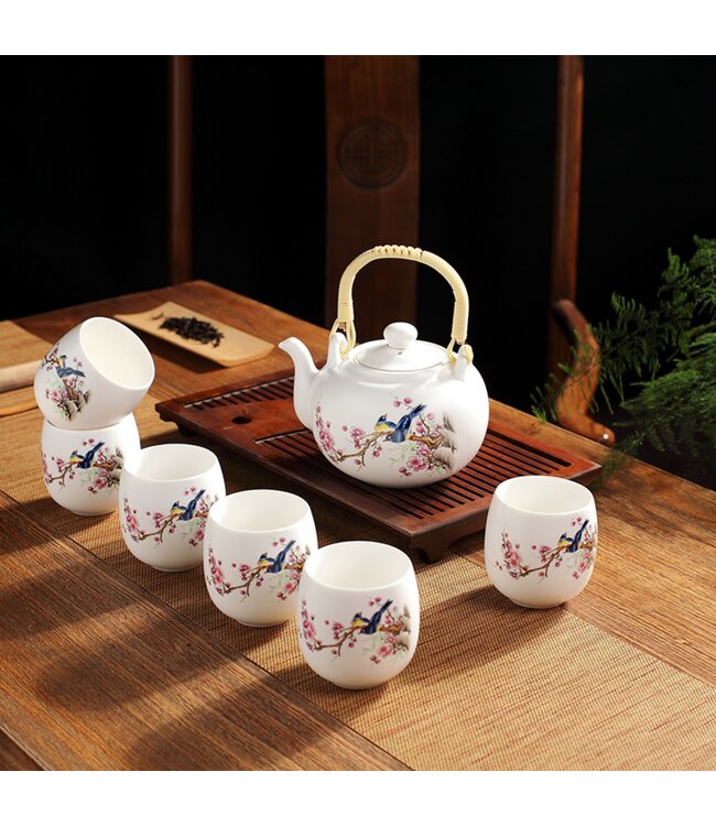 Ensemble Service a Thé Chinois/7 Porcelaine Peint à la Main Rose Fleurs de Cerisier