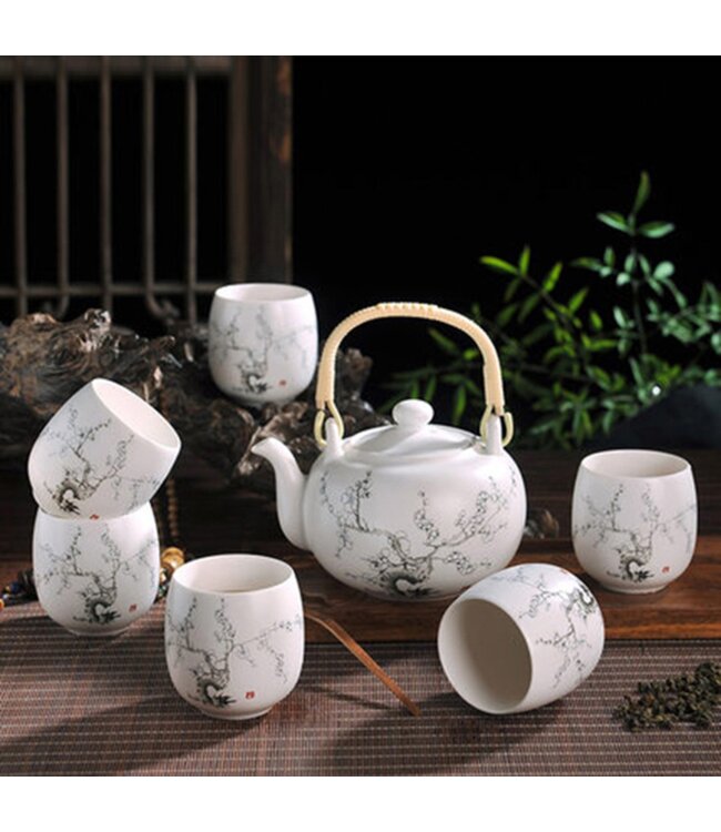 Chinesisches Teeservice Set/7 Porzellan Handbemalt Weiß Kirschblüten