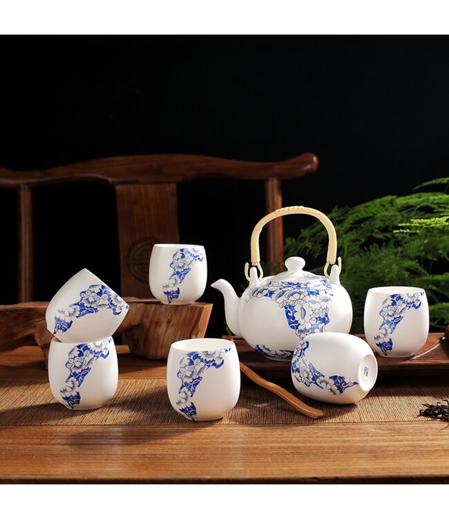 Chinese Theeservies Set/7 Porselein Handgeschilderd Lotus Libelle Blauw