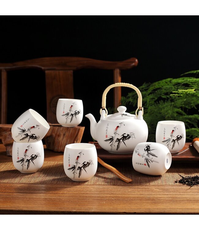 Juego de Té Chino/7 Porcelana Pintada a Mano Bambú