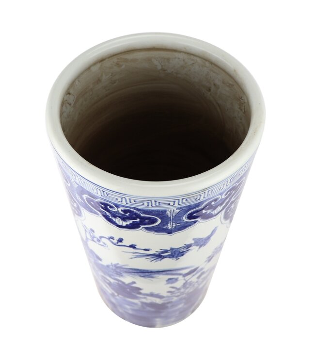 Porte-Parapluie Céramique Vase Bleu Blanc Oiseaux Peint à la Main D25xH53cm