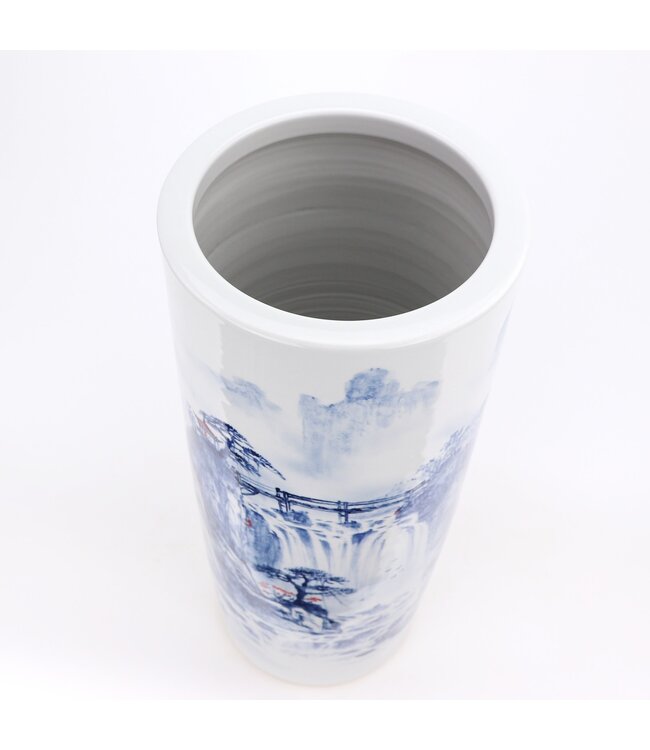 Chinese Paraplubak Keramiek Vaas Blauw Wit Landschap Handbeschilderd D24xH60cm