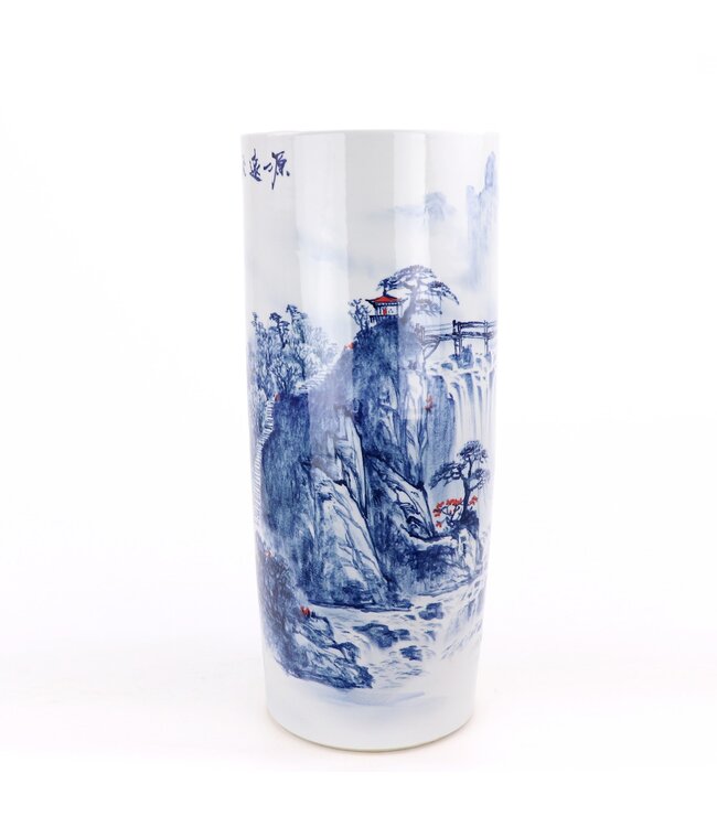 Paragüero de Cerámica Jarrón Azul Blanco Paisaje Pintado a Mano D24xAl60cm