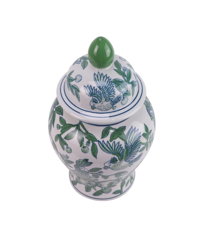 Tarro de Jengibre Chino Porcelana Azul Verde Loros Pintado a Mano D17.5xAl31cm