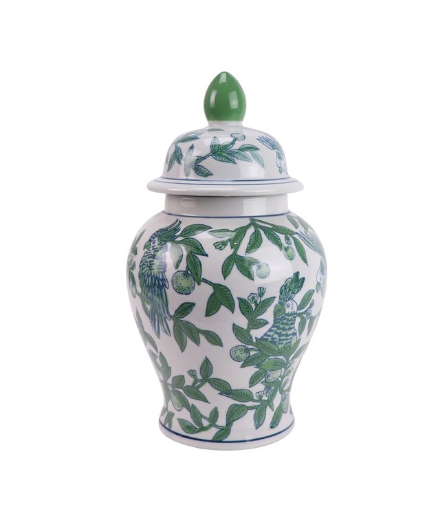 Chinese Gemberpot Porselein Blauw Groen Papegaaien Handgeschilderd D17.5xH31cm