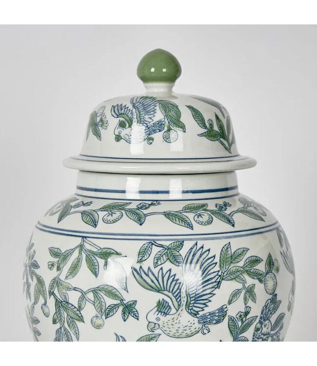 Pot à Gingembre Chinois Porcelaine Bleu Vert Perroquets Peint à la Main D25xH42cm