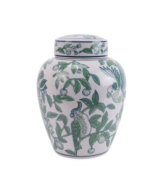 Fine Asianliving Chinese Gemberpot Porselein Blauw Groen Papegaaien Handgeschilderd D15xH20cm